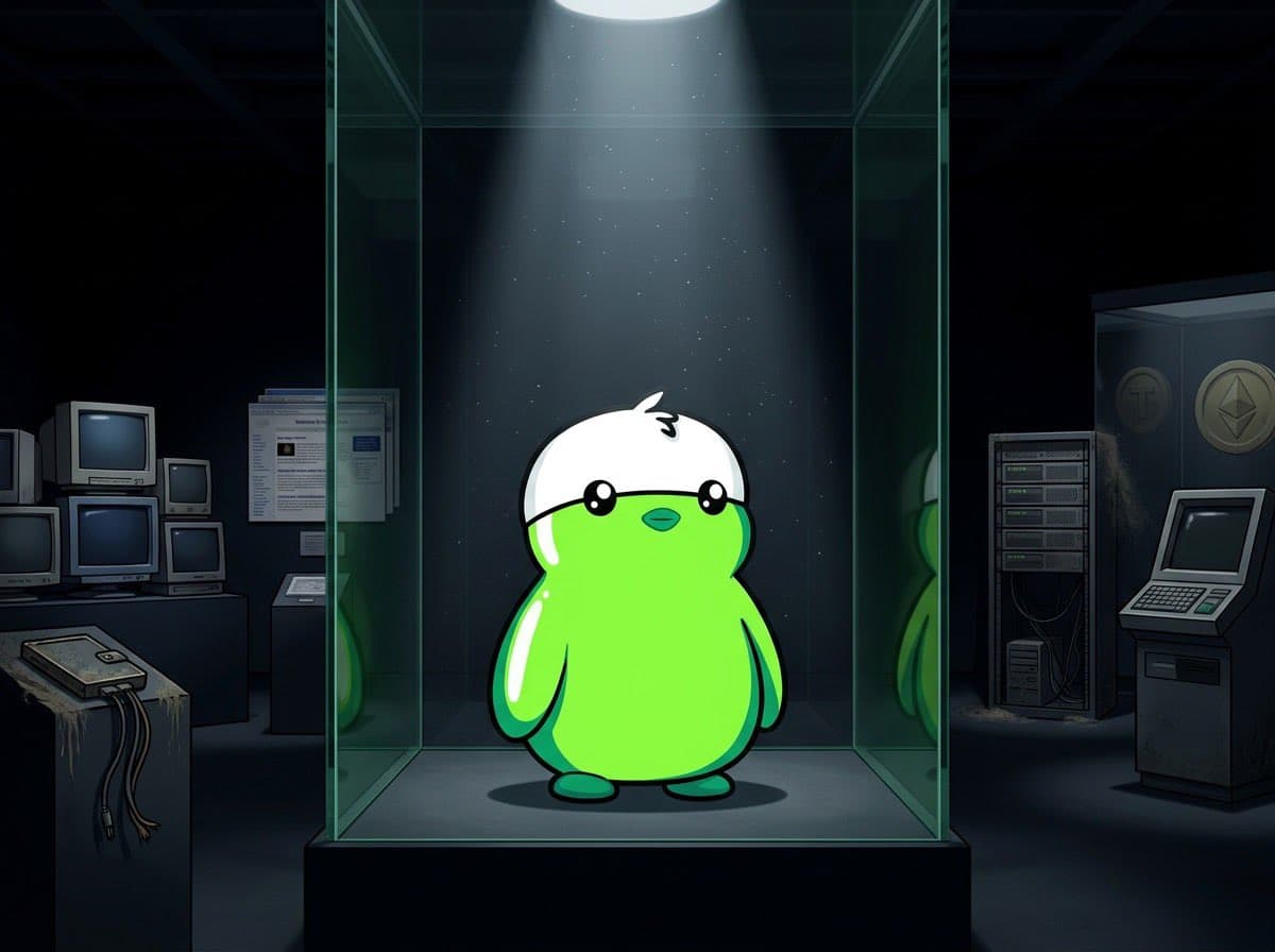 PUMPGU, a small lime-green penguin with a white cap, standing in a lit glass case in a dark museum of old computers